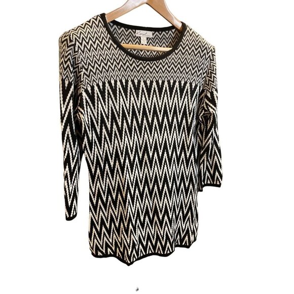 Kim Rogers. Black White Chevron Patterned Crew Neck Long Tunic Sweater Sz L - Picture 3 of 7